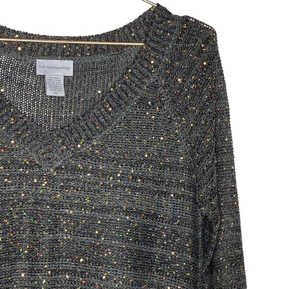 Soft Surroundings Womens Petite Medium Gray Tunic Sweater Gold Sequins V Neck - Picture 3 of 8